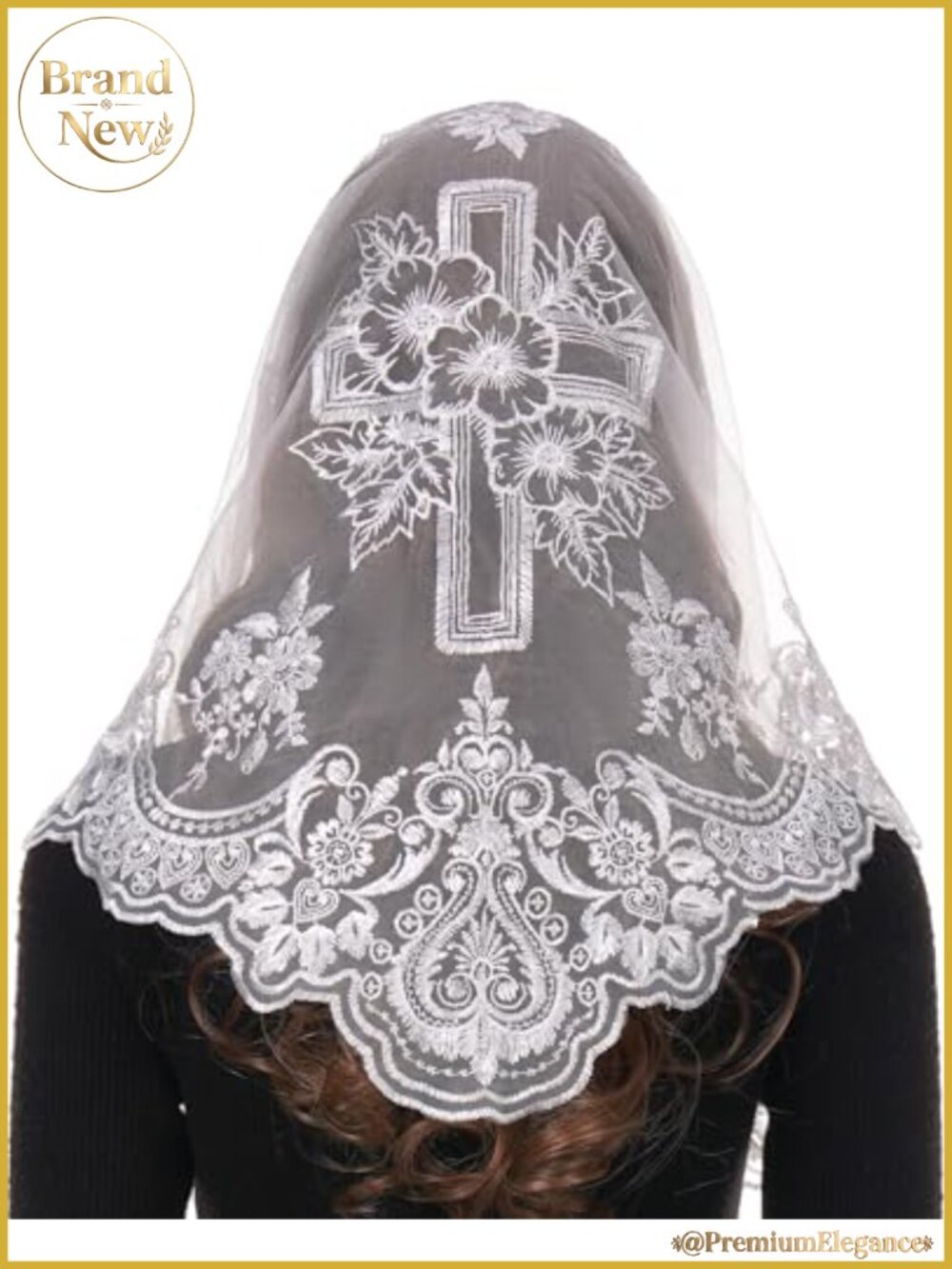 Catholic Chapel Veil Triangle Lace Head Covering with Floral Cross Embroidery